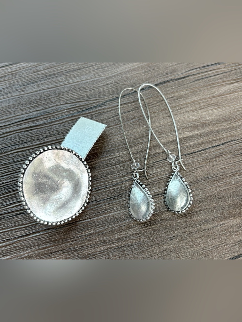 Chico’s Silver Teardrop Dangle Earrings and Matching Stretch Ring